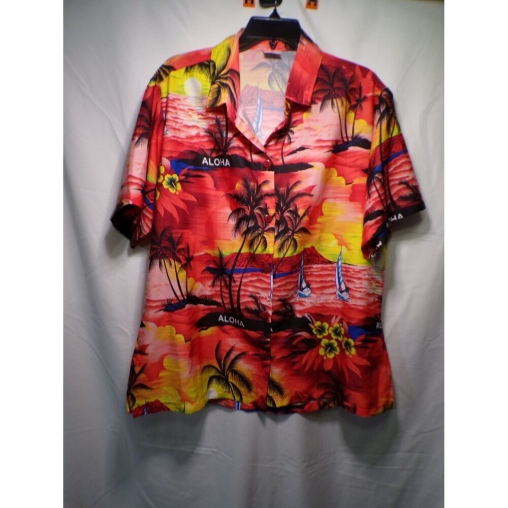 Women's Hawaiian Shirt Button Up Tropical Sunset Palm Aloha